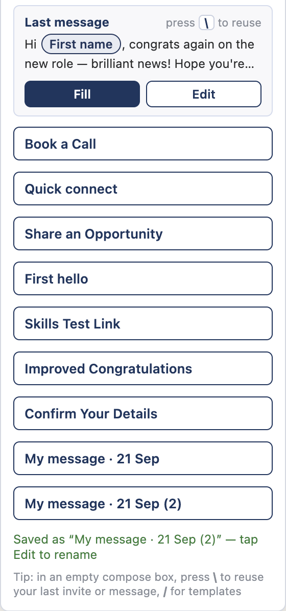 The knowhash panel after Create Template: the Last message box now shows the saved template with a First name pill, a new 'My message' template has appeared in the list, and a note confirms it was saved.