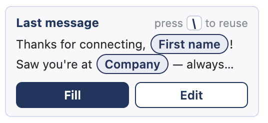 The knowhash panel's Last message box showing a template with First name and Company pills, and Fill and Edit buttons.