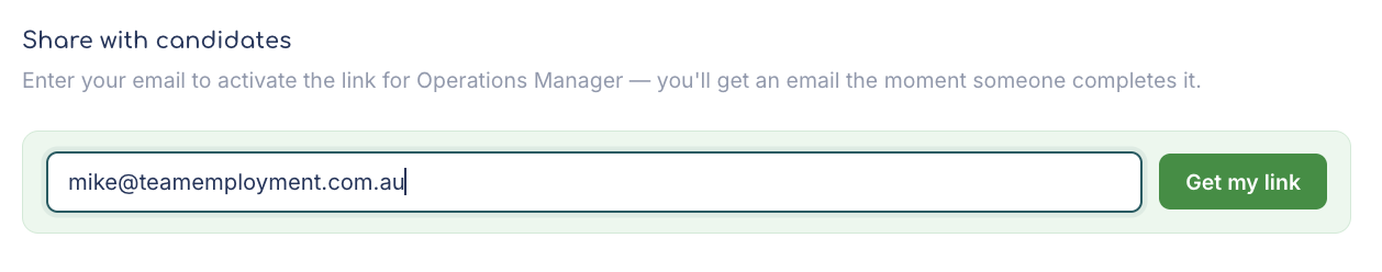The greyed candidate link box with an email field and Get my link button.