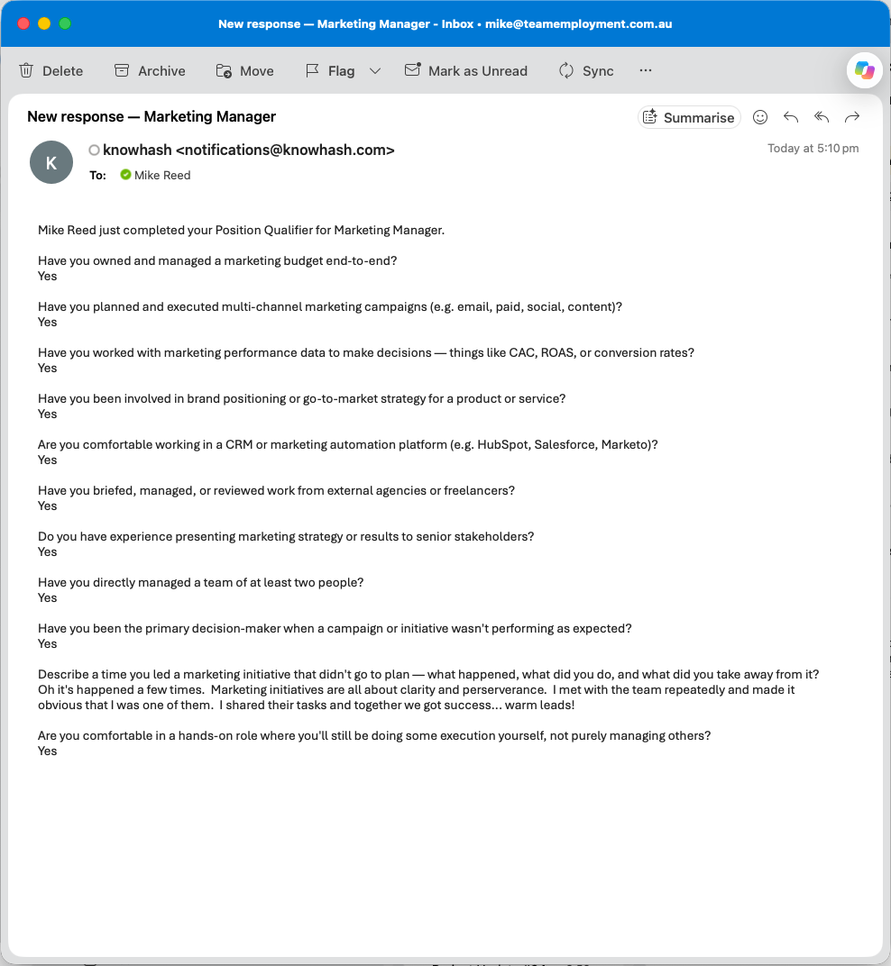An email notification showing a candidate's completed answers, question by question.