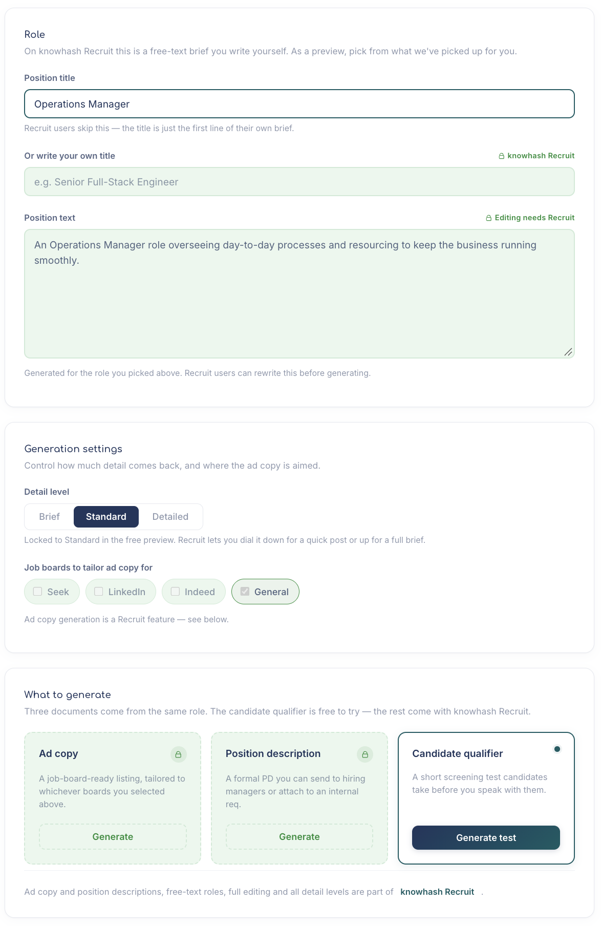 The Position Qualifier page with a role selected from the dropdown and Generate test highlighted.